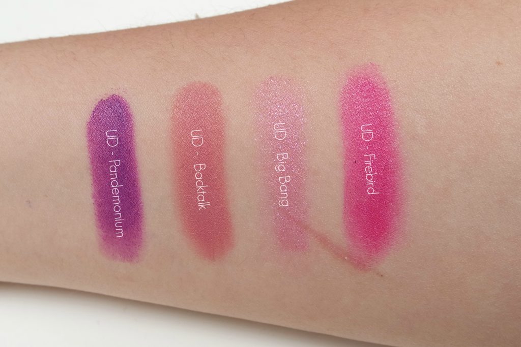 Urban Decay Vice Lipsticks Swatches Pandemonium Backtalk Big Bang Firebird